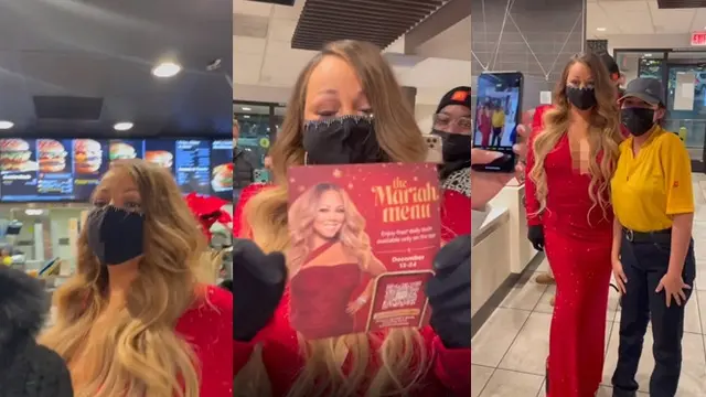 Aksi Mariah Carey Berbalut Gaun Merah Saat ke McDonald's