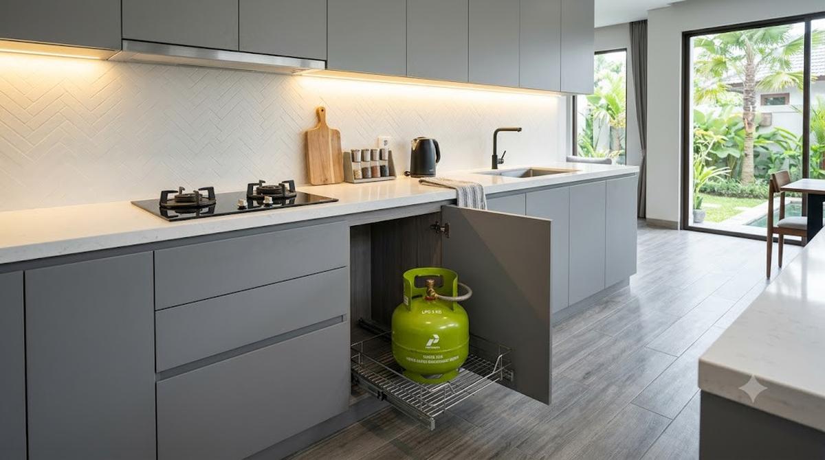 Model Dapur dengan Rak Gas Tarik Minimalis