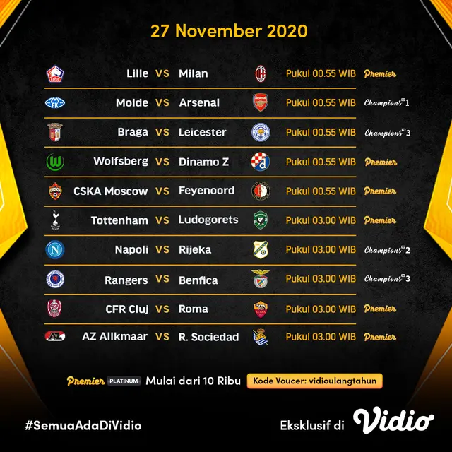 Jadwal Liga Europa matchday 4 di Vidio