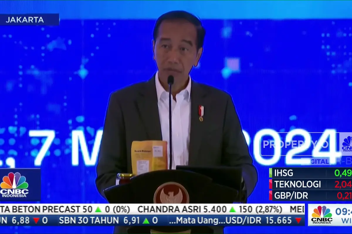 Presiden Joko Widodo (Jokowi) dalam acara BRI Microfinance Outlook 2024, di Jakarta, Kamis (7/3/2024). (Arief/Liputan6.com)