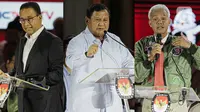 Foto kombinasi Capres nomor urut 01 Anies Baswedan Capres nomor urut 02 Prabowo Subianto, Capres nomor urut 03 Ganjar Pranowo saat beradu gagasan dalam debat ketiga Capres Pemilu tahun 2024 di Istora Senaya, Jakarta, Minggu (7/1/2023). (Liputan6.com/Faizal Fanani)