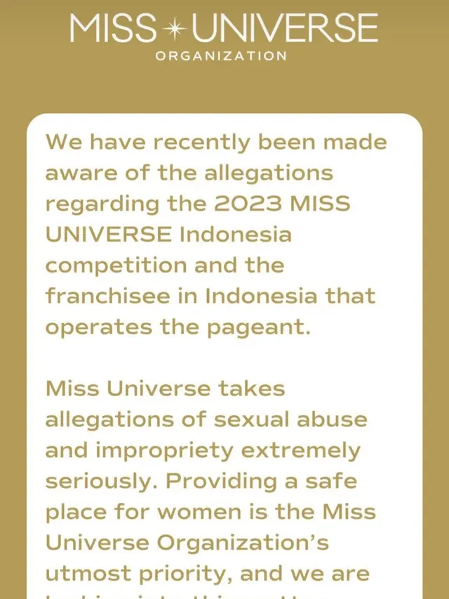 Pernyataan sikap Miss Universe Organization merespons dugaan pelecehan seksual dalam pergelaran Miss Universe Indonesia 2023. (Foto: Dok. Instagram @missuniverse)