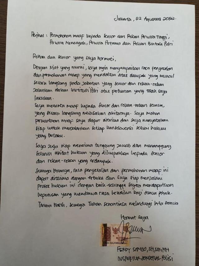 Surat permintaan maaf Ferdy Sambo