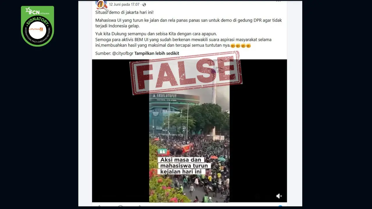Tangkapan layar hoaks dengan klaim video situasi demo mahasiswa UI di Jakarta 12 Juni 2026