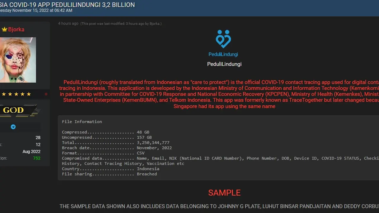 Tangkapan layar Breached.to soal unggahan Bjorka soal 3,2 miliar data dari aplikasi PeduliLindungi