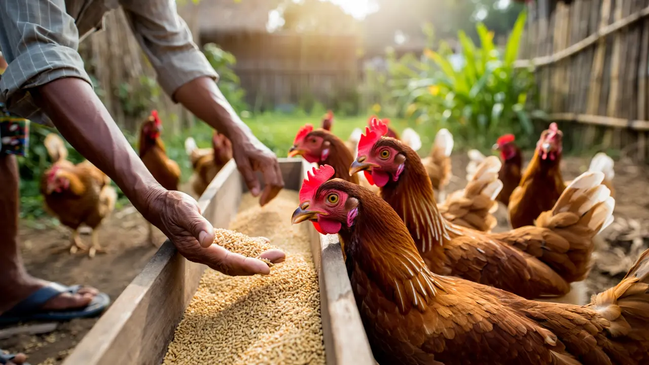 Cara Mengatur Pakan Ayam Rumahan (Foto: Reve Art AI)