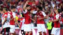 Para pemain Arsenal merayakan gol yang dicetak oleh Olivier Giroud ke gawang Western Sydney Wanderers pada laga persahabatan di ANZ Stadium, Sabtu (15/7/2017). Arsenal menang 3-1 atas Western Sydney Wanderers. (EPA/Dan Himbrechts)