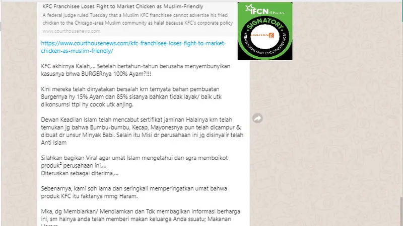 Cek Fakta Liputan6.com menelusuri klaim sertifikasi halal KFC dicabut karena mengandung minyak babi