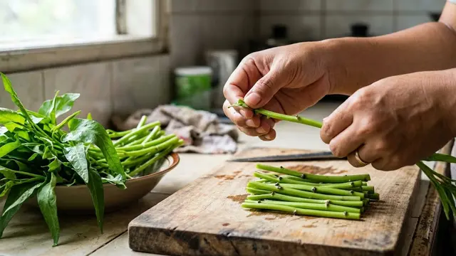 Membersihkan Daun Kangkung