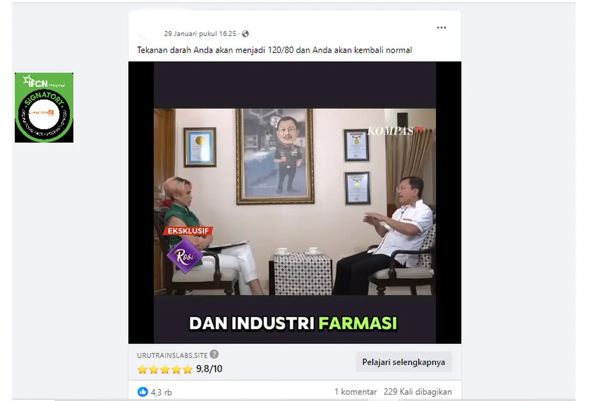 Tangkapan layar klaim video wawancara Rosiana Silalahi dengan Dokter Terawan terkait terobosan mengatasi hipertensi