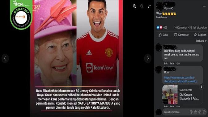 Gambar Tangkapan Layar Kabar Hoaks tentang Ratu Elizabeth Pesan 80 Jersey Cristiano Ronaldo (sumber: Facebook).