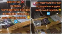 Aksi emak-emak bungkus meja dan kursi untuk anaknya bak paket. (Sumber: TikTok/bonca12)