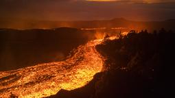 Lava mengalir saat gunung berapi terus meletus di pulau Canary La Palma, Spanyol (30/11/2021). Beberapa lubang vulkanik baru dibuka di La Palma, melepaskan lava baru yang mengalir cepat menuruni punggung bukit dan akan berdampak pada tanah, infrastruktur, dan rumah. (AP/Emilio Morenatti)