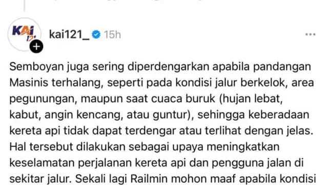 Viral Warganet Minta Kereta Tak Usah Bunyikan Klakson karena Polusi Suara, Begini Respons KAI