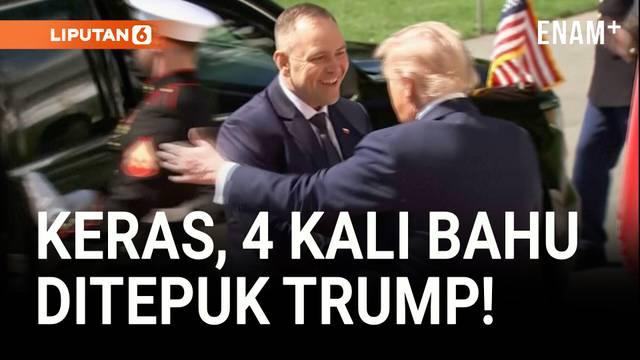 Suasana akrab terlihat saat Presiden Amerika Serikat Donald Trump menyambut Presiden Polandia Karol Nawrocki di South Portico Gedung Putih. Keduanya saling berjabat erat, disertai tepukan hangat di bahu dan senyum lebar.
