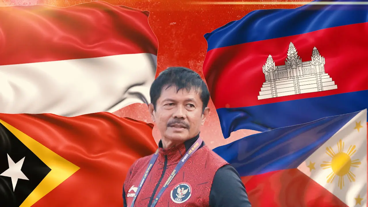 Piala AFF U-19 2024 - Indra Sjafri background bendera Indonesia, Timor Leste, Kamboja, Filipina