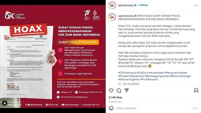 <p>Gambar Tangkapan Layar Unggahan dari Akun Instagram @ojkindonesia.</p>