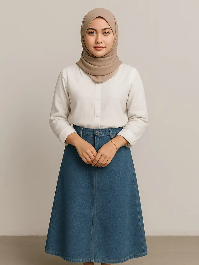 Rok Jeans A-Line dengan Blouse Putih (Foto: ChatGPT)