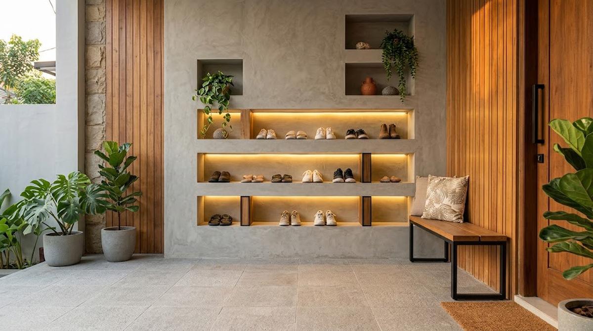 Model Dinding Teras dengan Ceruk untuk Menaruh Sepatu dan Sandal/AI Generated