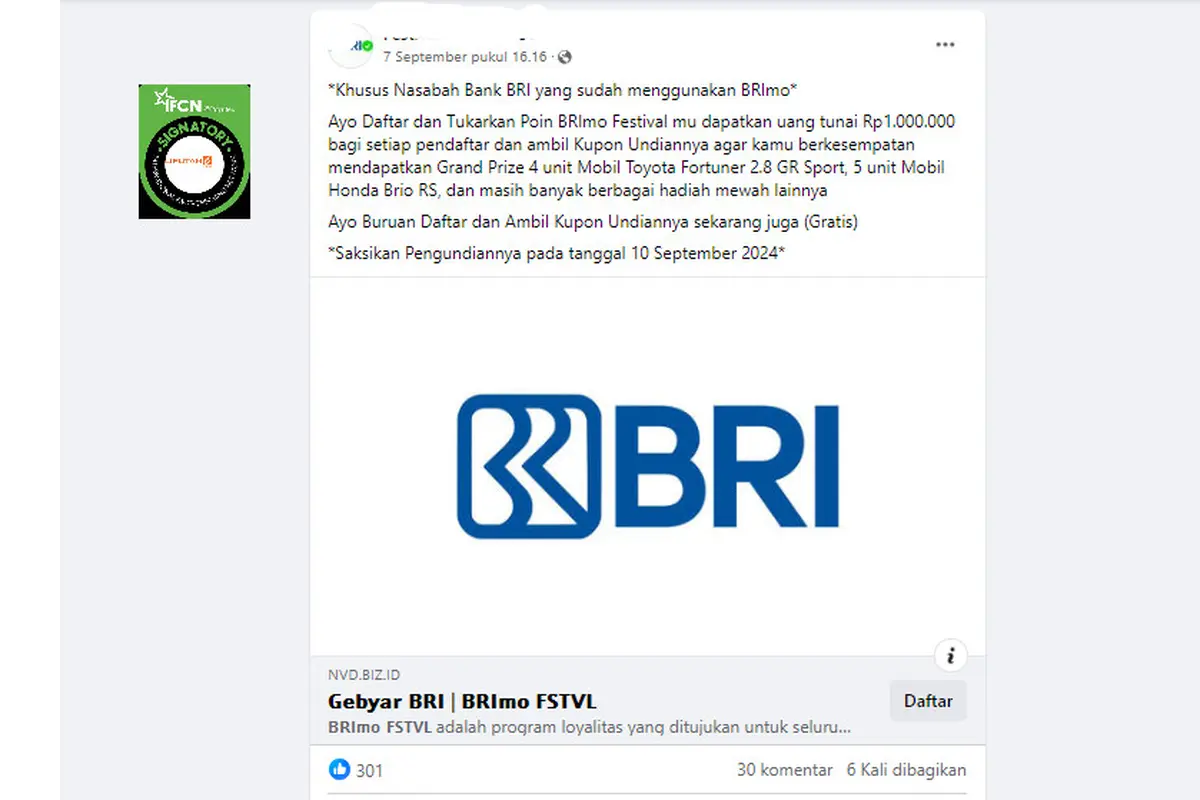 Tangkapan layar klaim BRI bagaikan uang Rp 1 juta dengan mendaftar Poin BRImo Festival