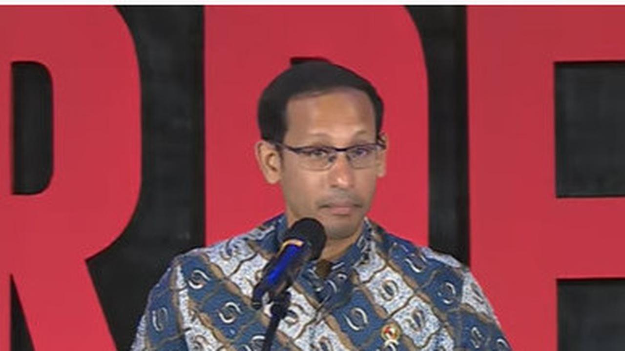 Mendikbud Ristek Nadiem Anwar Makarim pada acara Merdeka Belajar: Dana Abadi Perguruan Tinggi di Jakarta, Senin (27/6/2022).