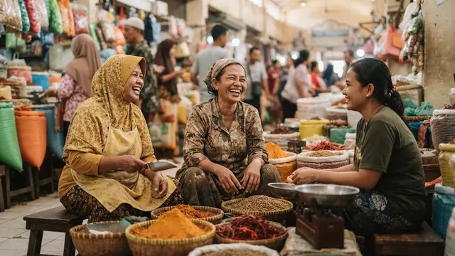 Foto Pedagang Sedang Tersenyum Bersama
