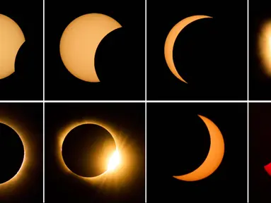 Foto gabungan ini memperlihatkan urutan saat bulan menutupi matahari dalam gerhana matahari total yang terlihat dari Berlanga de Duero, Spanyol tengah, pada hari Rabu, 12 Agustus 2026. (Foto AP/Bernat Armangue)