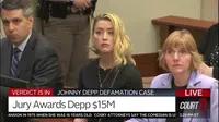 Ekspresi Amber Heard ketika Johnny Depp dinyatakan menang di kasus pencemaran nama baik. Dok:&nbsp;Court TV via AP.