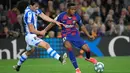 Ansu Fati menjalani debut bersama Barcelona di Liga Spanyol musim 2019-2020 pada laga kontra Real Betis, 25 Agustus 2019. (AFP/Lluis Gene)