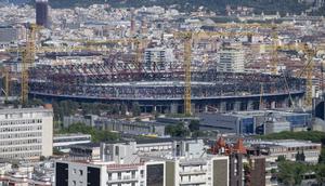 Pemandangan umum (general view) lokasi pembangunan Stadion Camp Nou di Barcelona pada 23 Mei 2025. (Josep LAGO/AFP)
