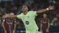 Selebrasi&nbsp;Ferran Torres dalam laga Levante vs Barcelona di La Liga 2025/2026, Minggu (24/8/2025). (AP Photo/Alberto Saiz)