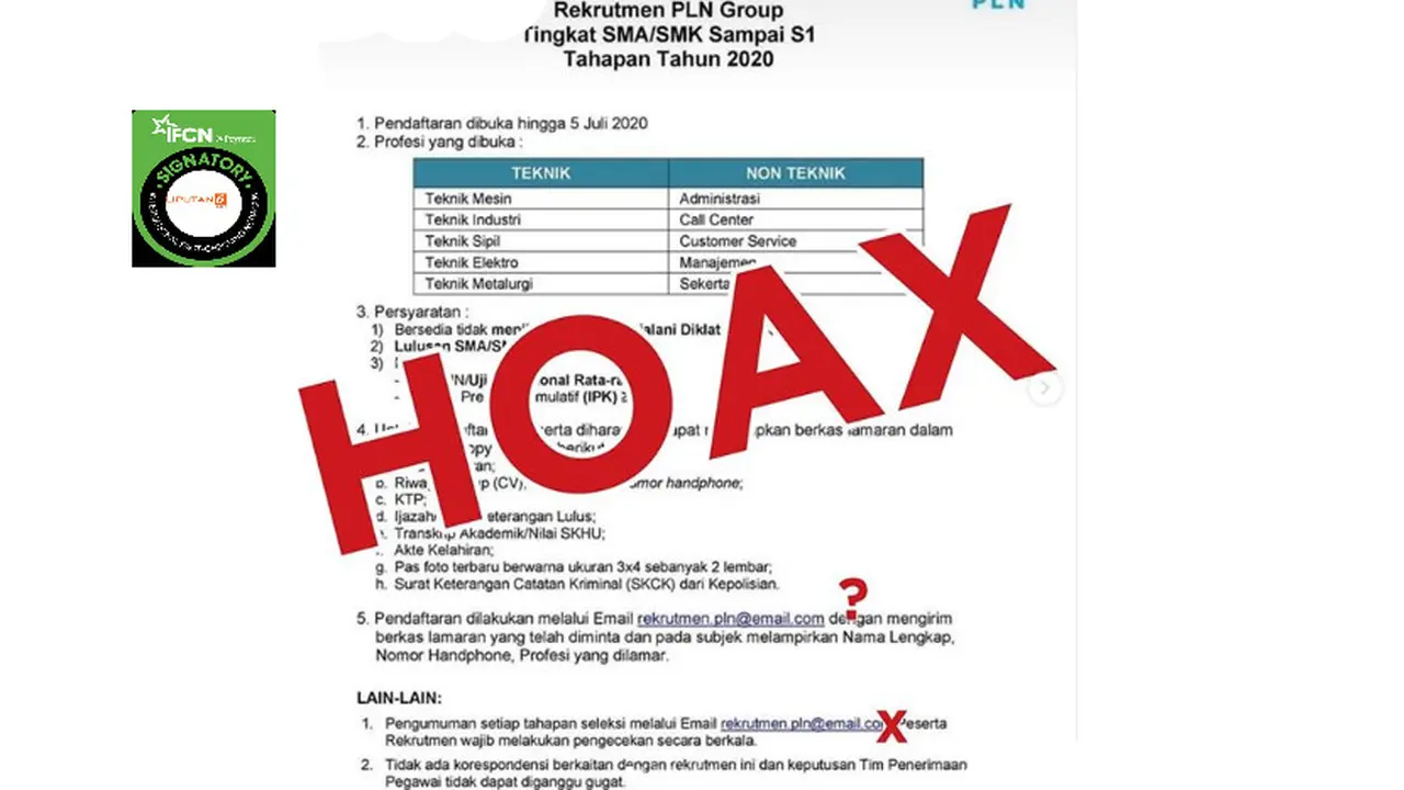 Tidak Benar Surat Rekrutmen Pegawai PLN Lulusan Setingkat SLTA Hingga S1 Tahapan 2020
