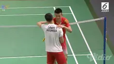 onatan Christie harus mengakui keunggulan wakil Tiongkok Chen Long 21-19, 16-21, 18-21 pada tunggal kedua final regu putra bulu tangkis Asian Games 2018 di Istora Senayan.
