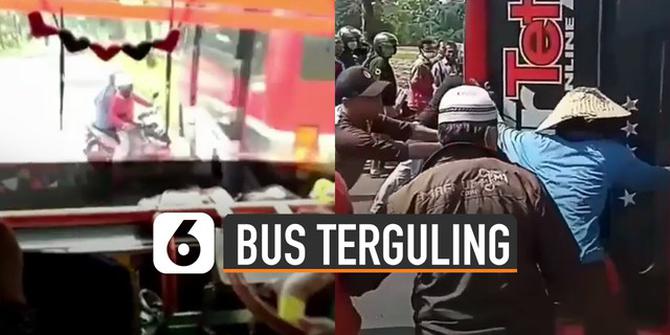 VIDEO: Viral Bus Terguling Menghindari Sepeda Motor Nyebrang