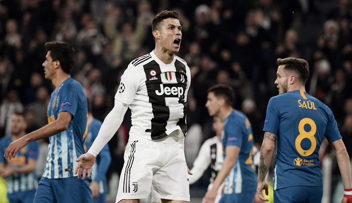 3. Jumlah gol dalam 1 leg. Cristiano Ronaldo hanya mampu mencetak 3 gol dalam 1 leg, yaitu leg kedua saat Juventus melawan Atletico Madrid di Juventus Stadium (12/3/2019). (AFP/Filippo Monteforte)