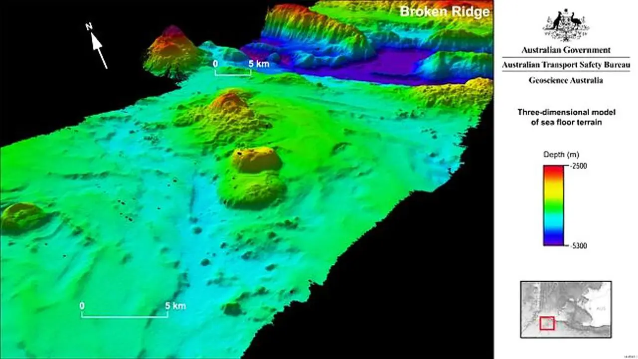 Gambar 3 dimensi dasar laut Samudera Hindia, titik pencarian MH370