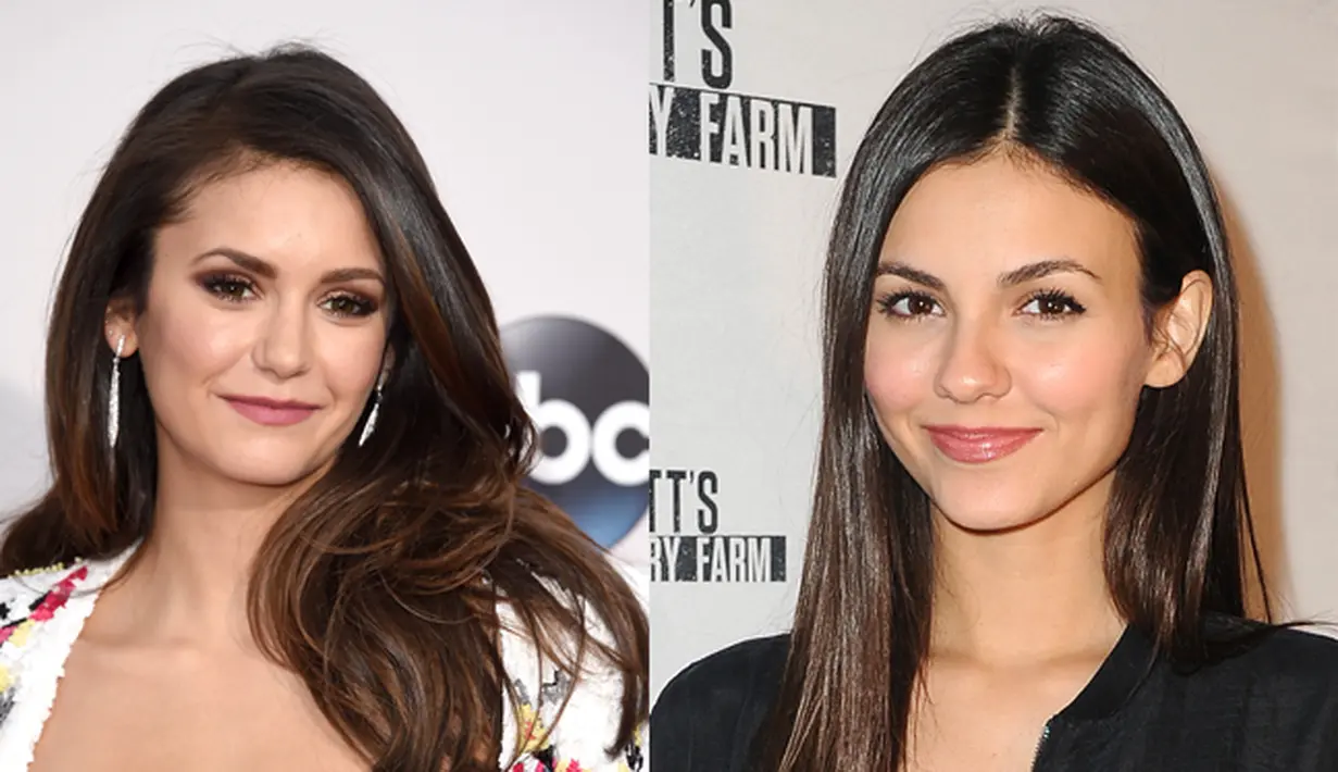 Nina Dobrev dan Victoria Justice. Kedua aktris cantik ini memiliki kemiripan, terutama rambut keduanya yang sama-sama panjang dan berwarna coklat gelap. (AFP/Bintang.com)