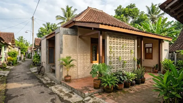 Desain Rumah Kampung dengan Roster dan Tanaman