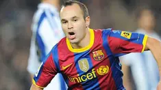 Selebrasi gol dari gelandang Barcelona Andres Iniesta di laga lanjutan La Liga melawan Real Sociedad di Nou Camp, 12 Desember 2010. AFP PHOTO / LLUIS GENE 