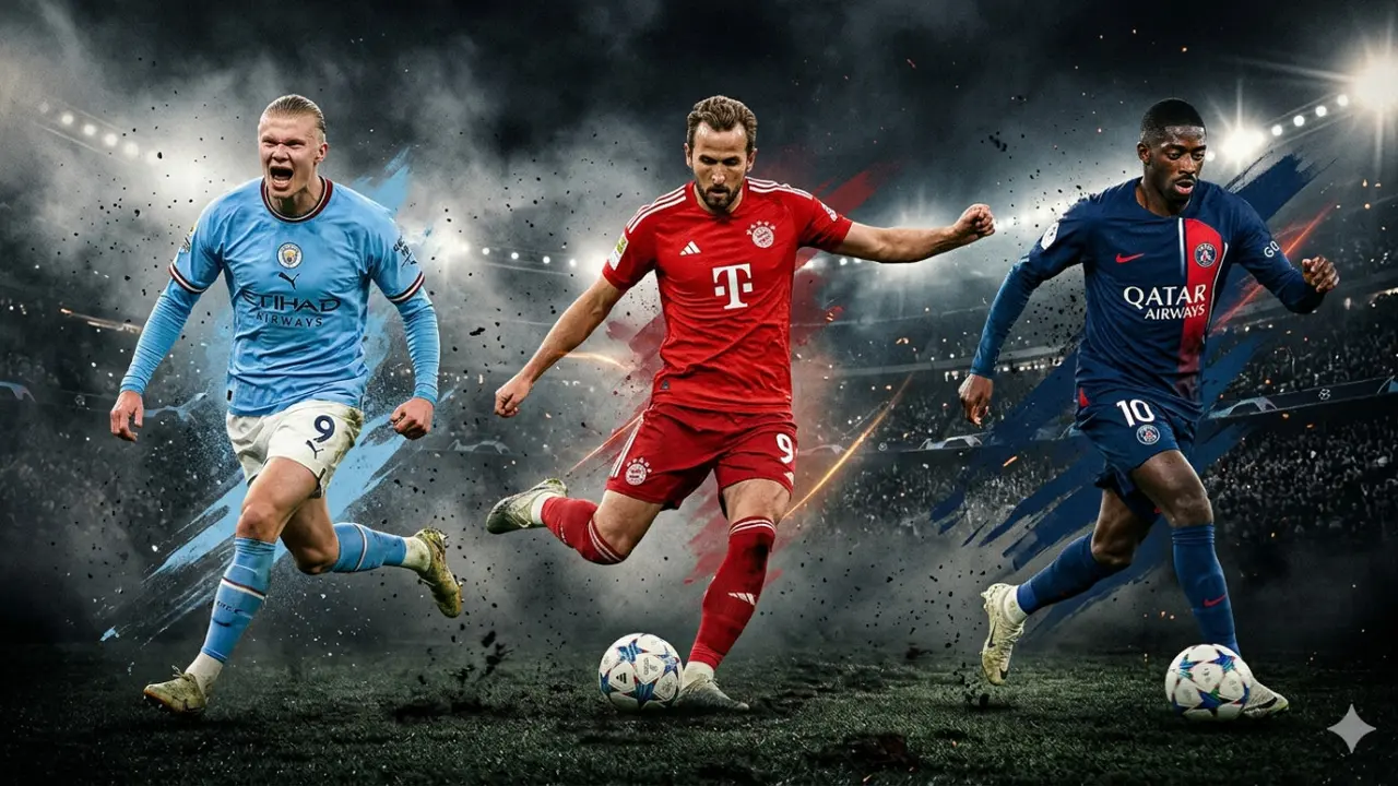 Ilustrasi Erling Haaland, Harry Kane, Ousmane Dembele