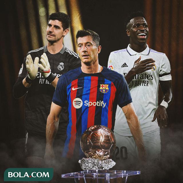 Ilustrasi - Thibaut Courtois, Robert Lewandowski, dan Vinicius Junior Nunasa Ballon d'Or 2022