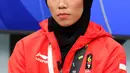 Penyumbang Emas Pertama Indonesia Asian Games 2018, Atlet Taekwondo Defia Rosmaniar saat berkunjung ke SCTV, Senayan City, Jakarta, Senin (20/8). Kunjungannya tersebut untuk melakukan wawancara. (Liputan6.com/Johan Tallo)