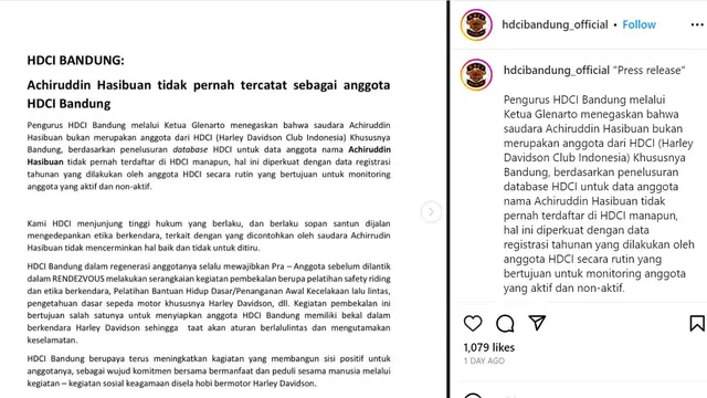 Pernyataan Harley Davidson Club Indonesia Bandung Soal AKBP Achiruddin Hasibuan