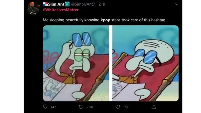 Reaksi warganet atas tagar White Lives Matter yang diambil alih penggemar K-Pop.  (Twitter/ SimplyAnt7)