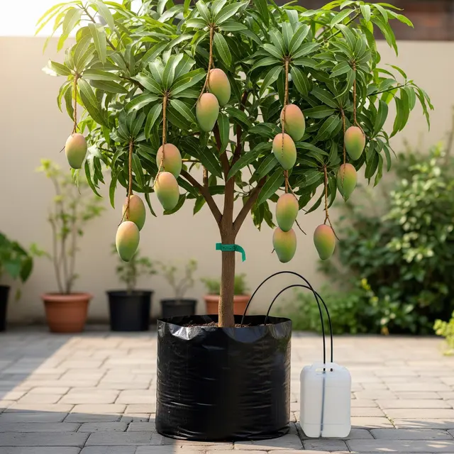 Kebun Buah di Polybag dengan Sistem Irigasi Sederhana untuk Lahan Terbatas (Image by Gemini AI)