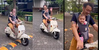 Pasangan selebriti Dimas Anggara dan Nadine Chandrawinata memiliki putri cantik yang baru saja genap setahun pada bulan Februari tahun ini. Berikut momen baby Djiwa naik motor bersama sang ayah. [Instagram/nadinelist]