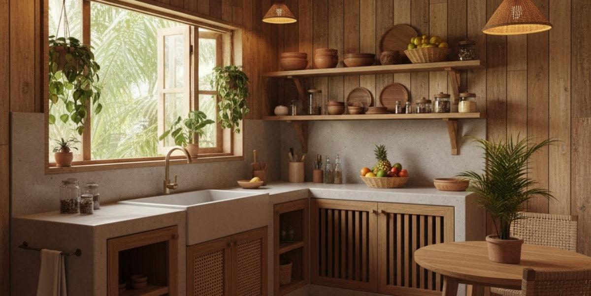 Desain Dapur Kecil Ala Tropis dengan Nuansa Kayu