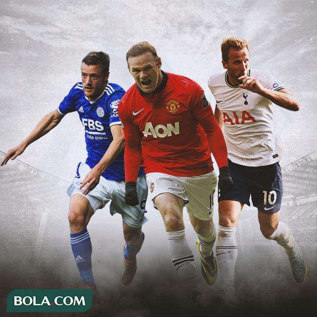 Ilustrasi - Jamie Vardy, Wayne Rooney, Harry Kane