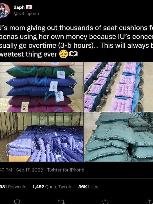 cuitan @babiejieun di twitter terkait bantal yang diberikan di konser IU (twitter/@babiejieun)