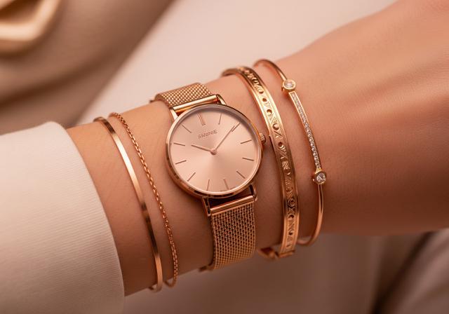 Rose Gold Romance: Feminin, Hangat, dan Elegan/Inspirasi Layering Jam Tangan dengan Beberapa Gelang Tipis Elegan (Sumber: gemini.com)